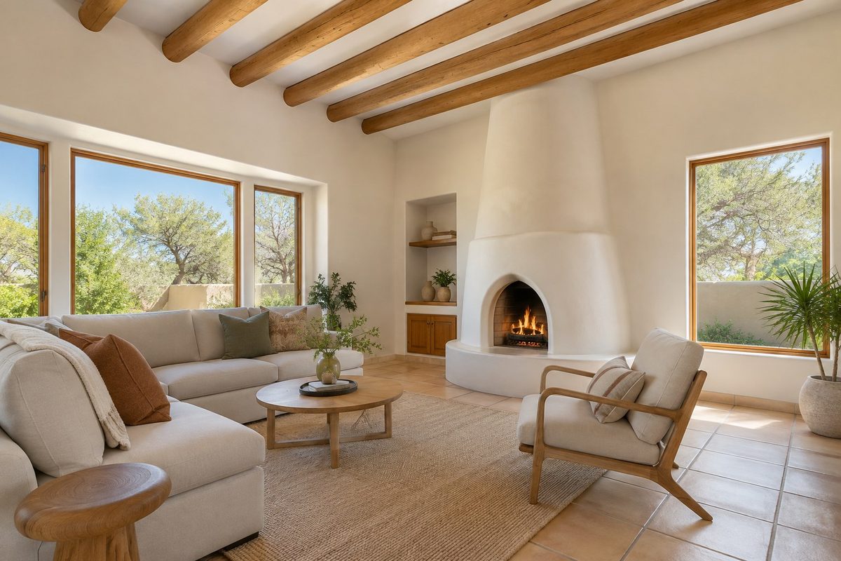 Southwest style living room with a kiva fireplace, illustrative