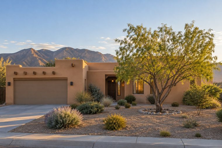 Pueblo style home with a desert willow, illustrative