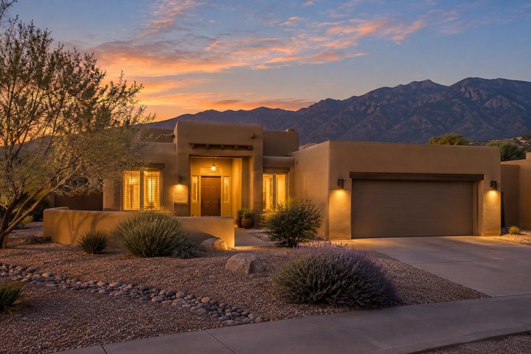 Adobe style home at dusk, illustrative