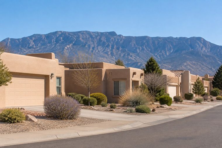 Southwest style homes below the mountains, illustrative